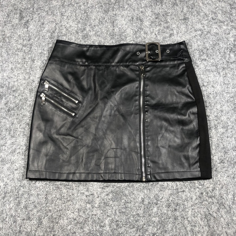ReVamped Faux Leather Skirt Womens M Black Mini Belted Zip Pockets Stretch